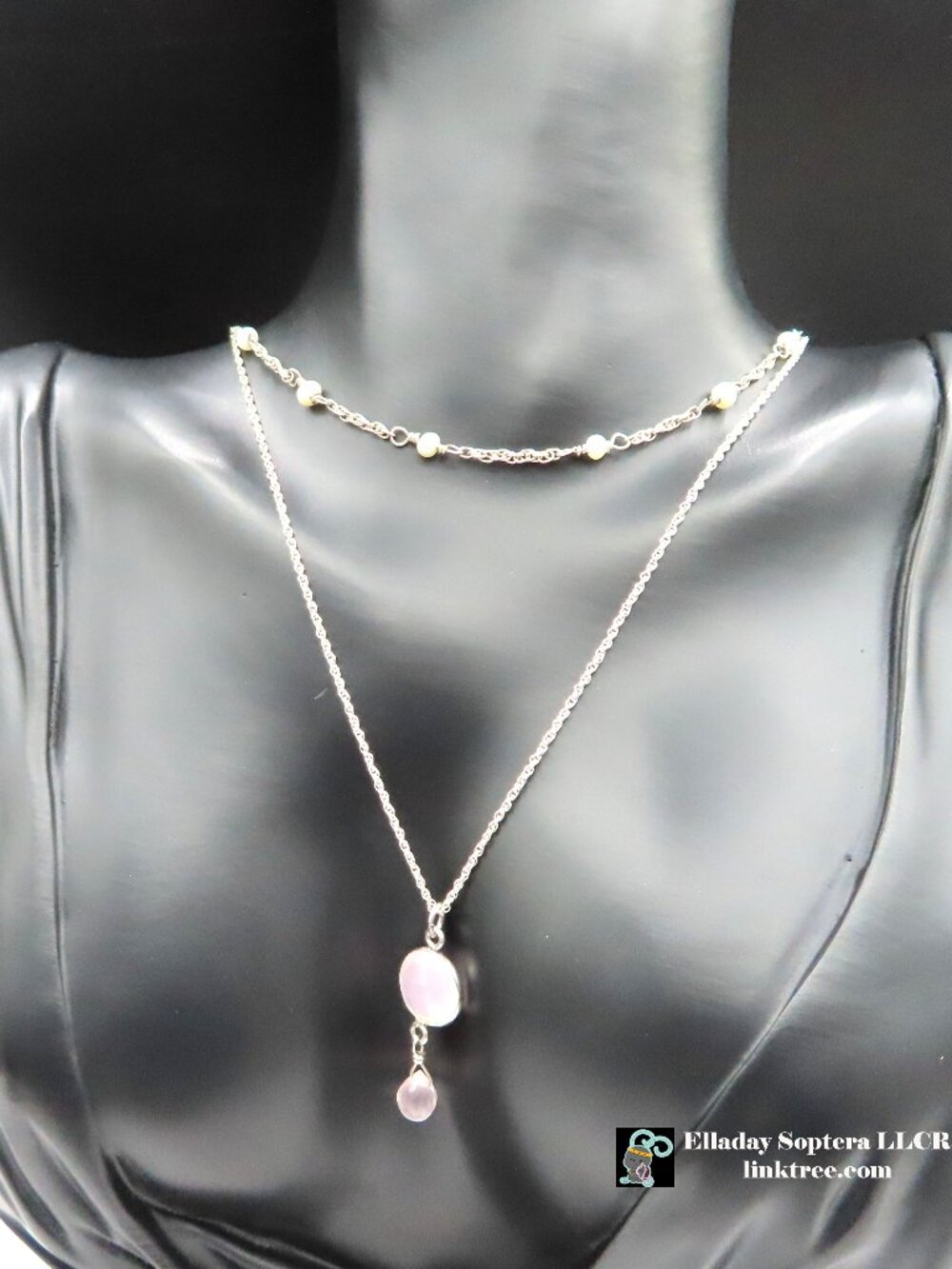 Two Sterling Silver Rope Necklaces with Rose Quartz & Freshwater Pearl